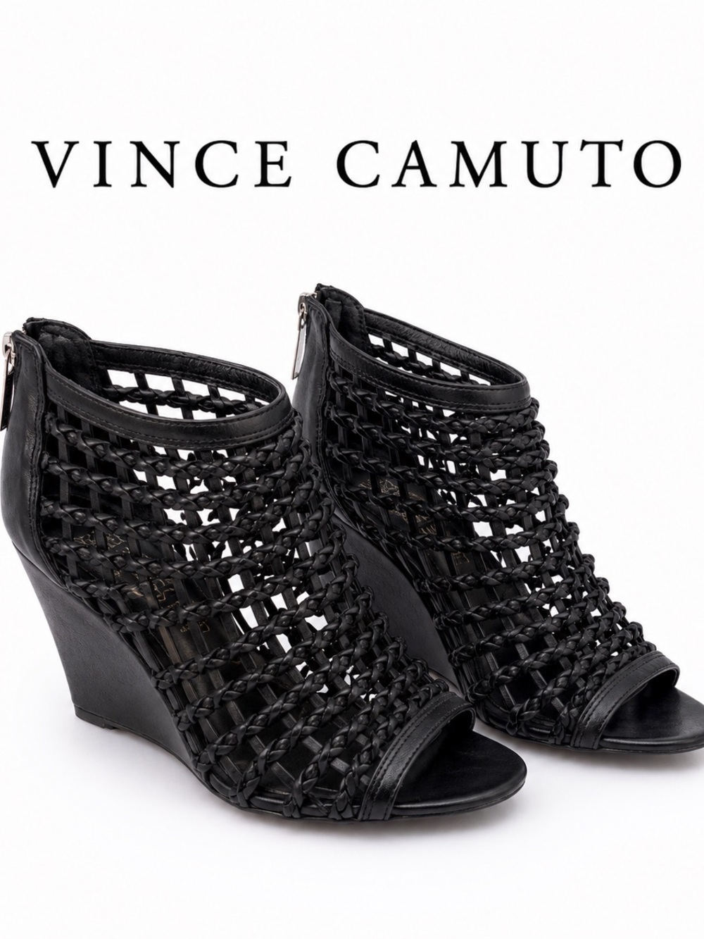 Vince Camuto "XYA" Black Woven CAGE Peep-Toe Wedge Sandals Nappa/Soft Calf